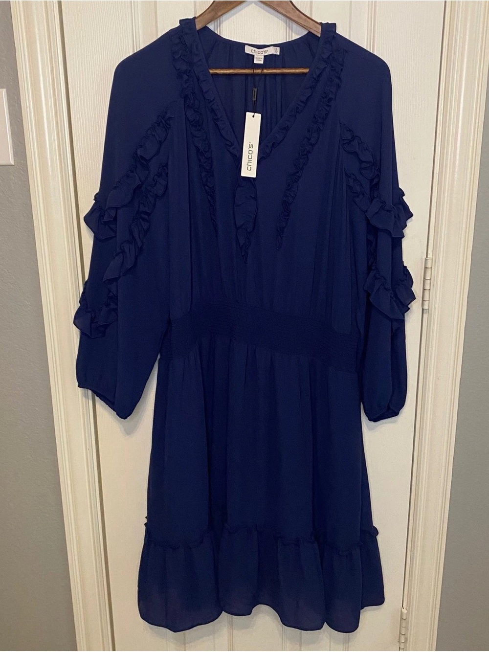 Chico's Deep Navy Ruffle V-Neck Midi Dress